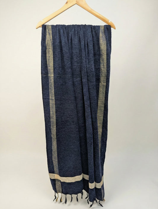 BLUE & BEIGE BORDERED WOVEN SHAWL WITH TASSEL DETAIL