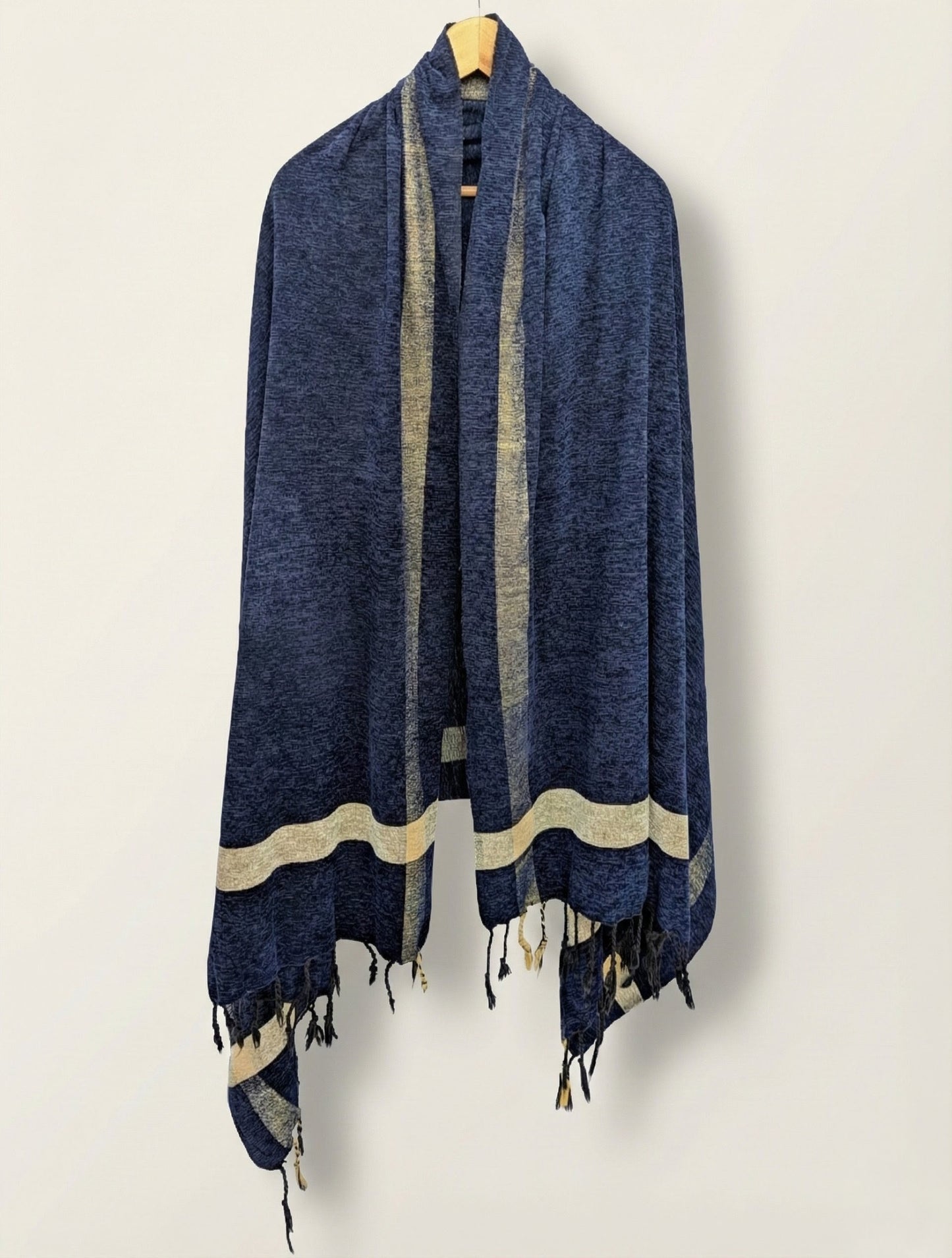 BLUE & BEIGE BORDERED WOVEN SHAWL WITH TASSEL DETAIL