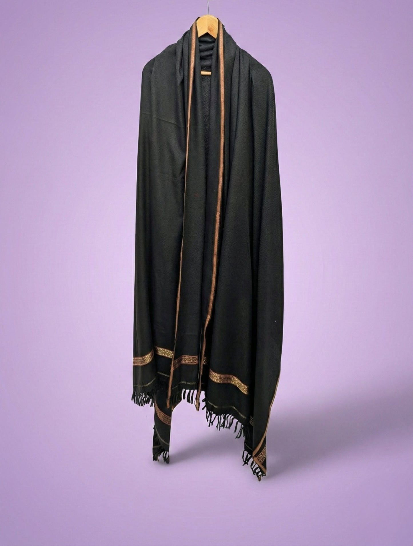 CLASSIC BLACK SHAWL WITH ELEGANT GOLD BORDER & TASSELS
