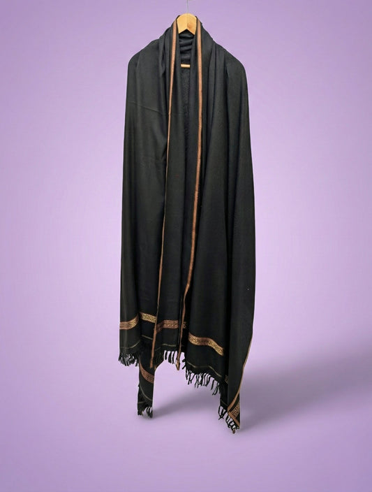 CLASSIC BLACK SHAWL WITH ELEGANT GOLD BORDER & TASSELS